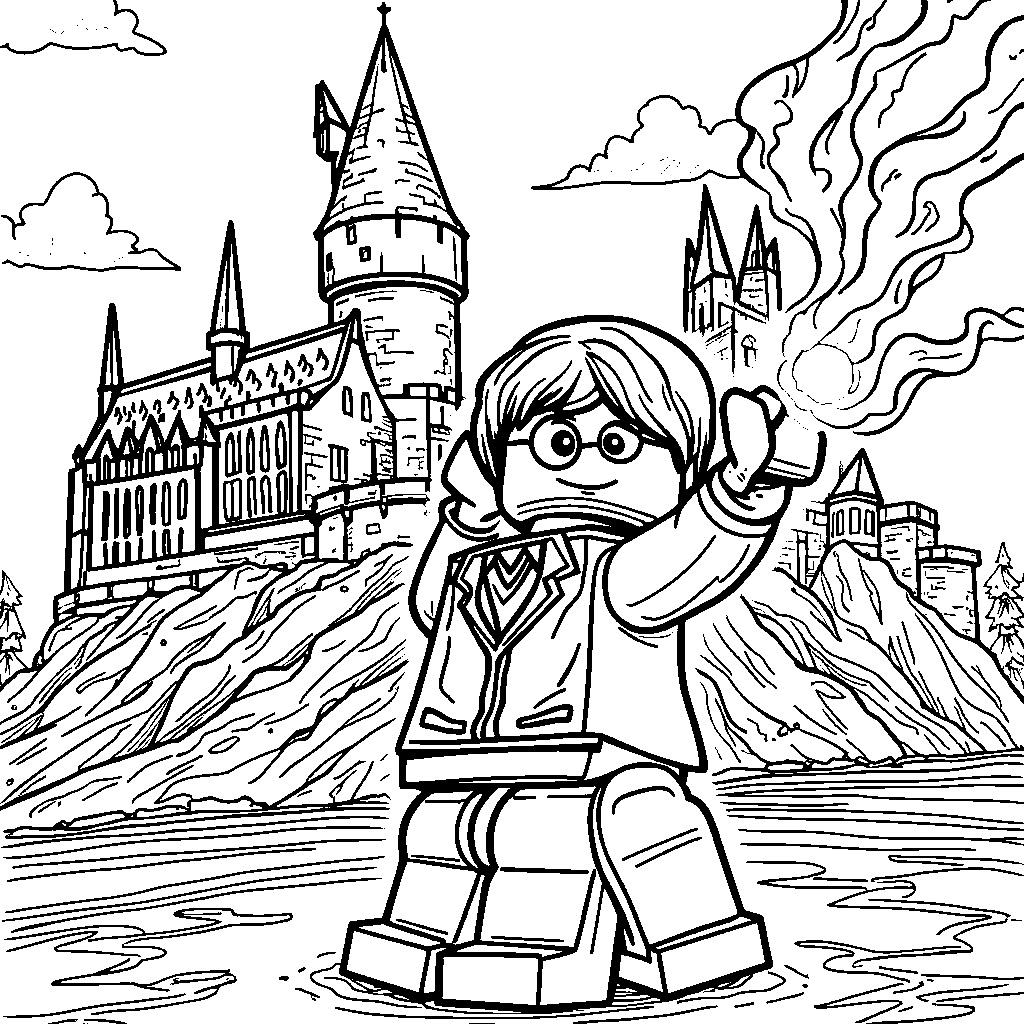 Lego Harry Potter casting a spell at Hogwarts