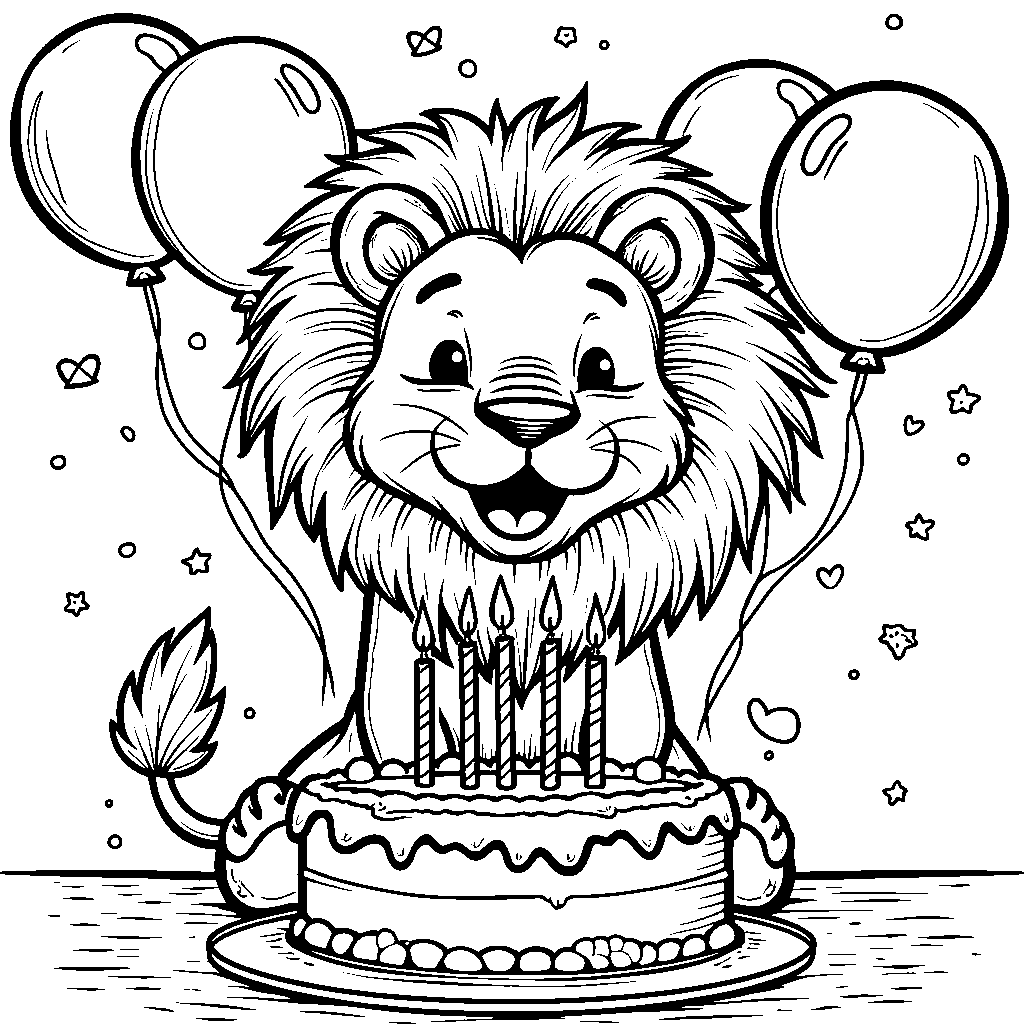 Lion blowing out candles on a birthday cake