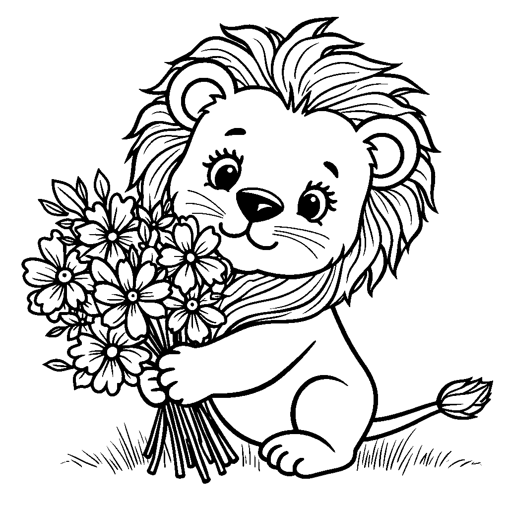 Lion holding a bouquet of flowers