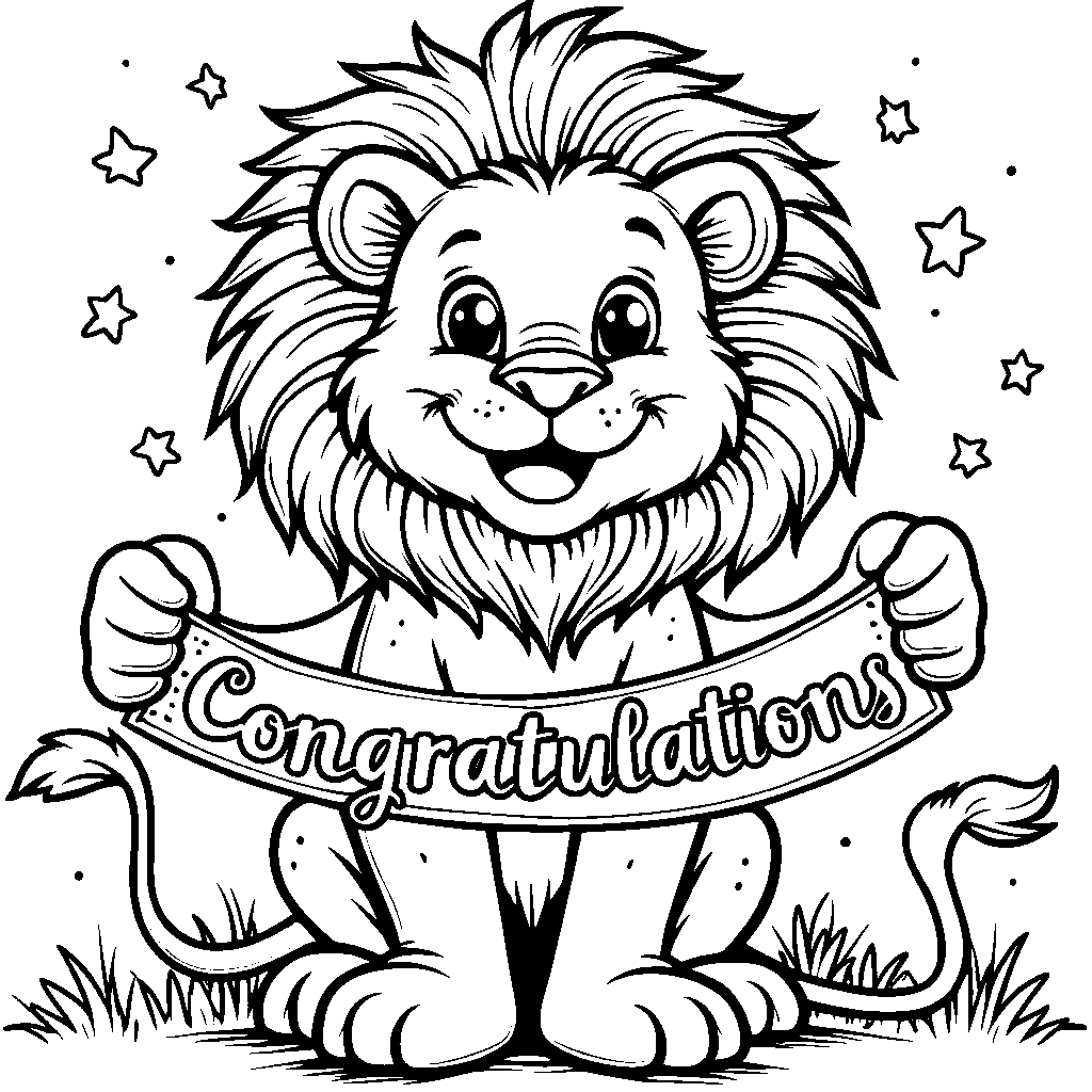 Lion holding a 'Congratulations' banner