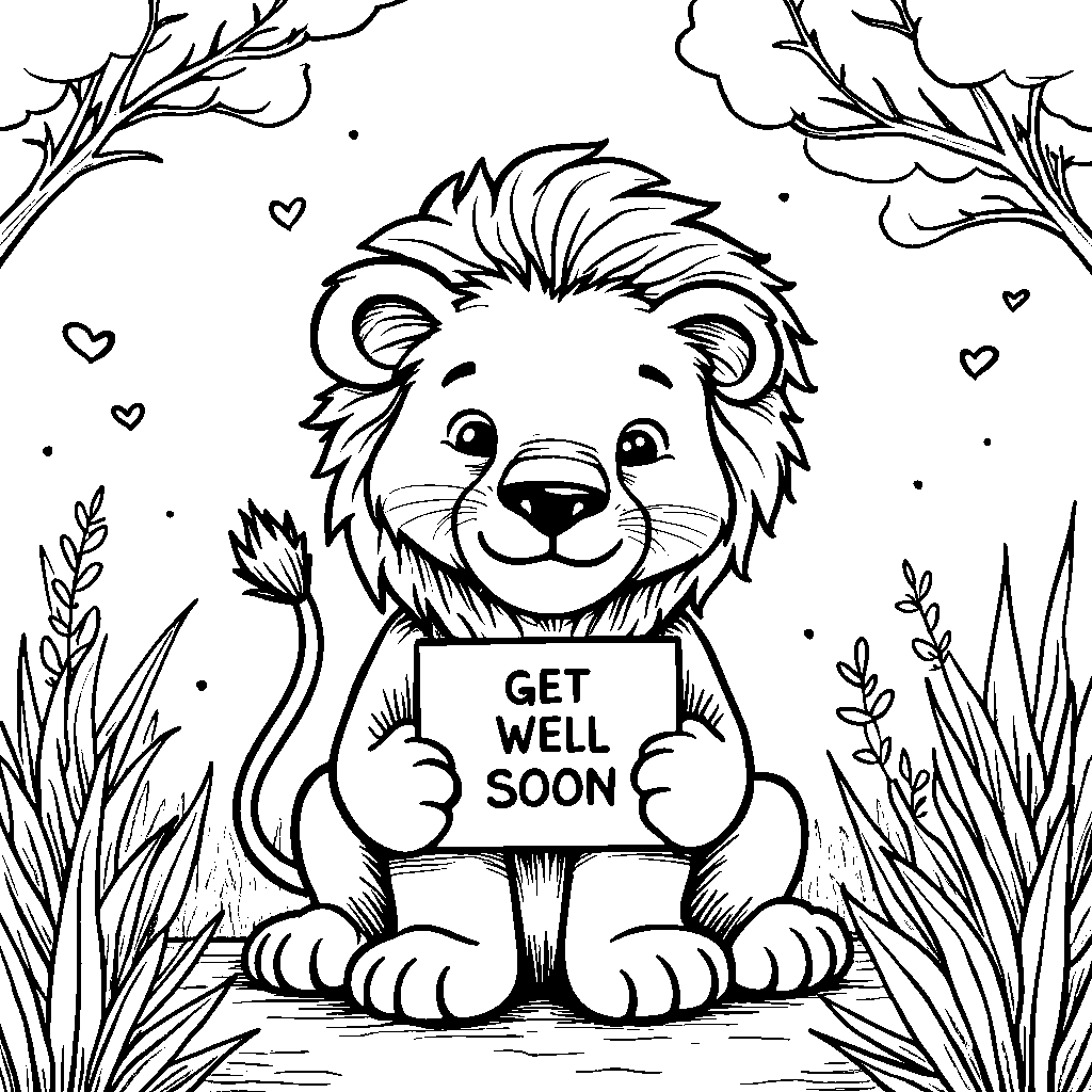 Lion holding a 'Get Well Soon' card