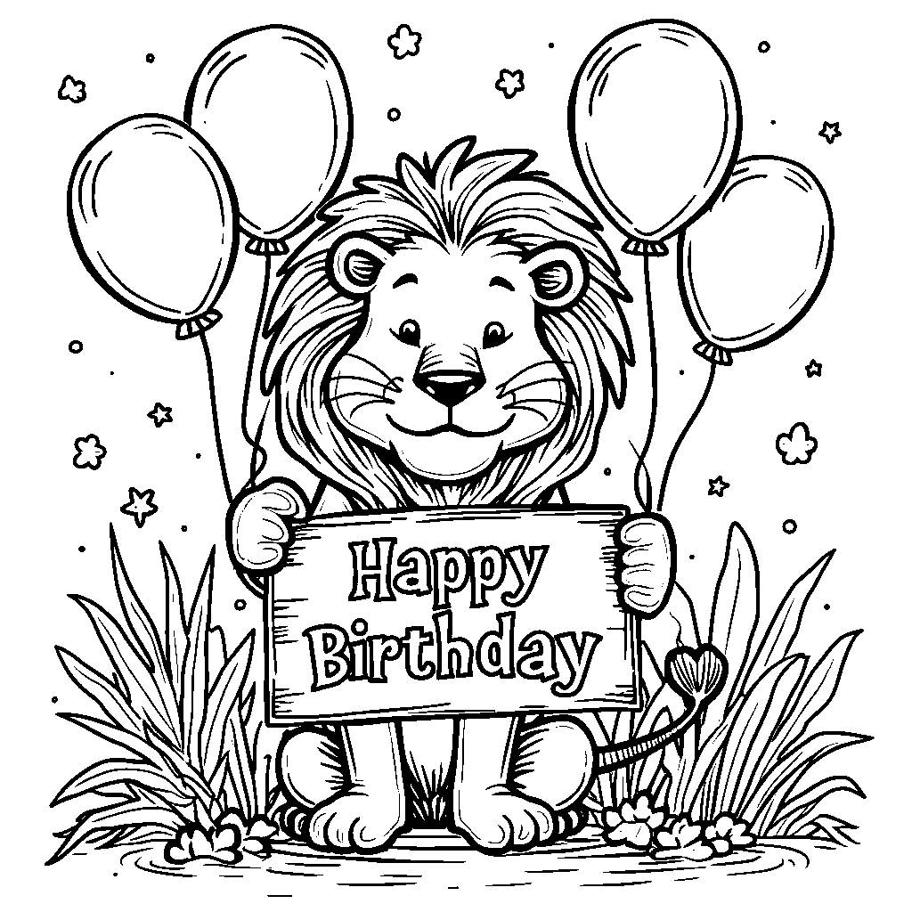 Lion holding a 'Happy Birthday' sign