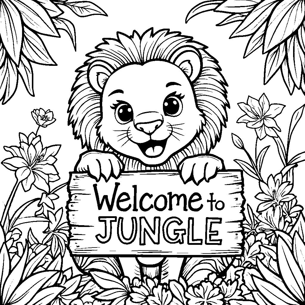 Lion holding a 'Welcome to the Jungle' sign