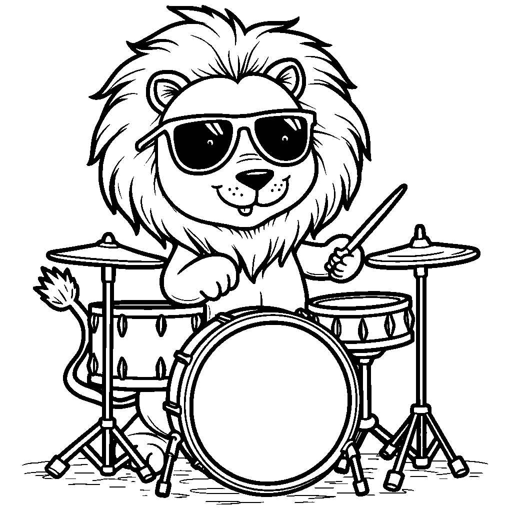 Lion playing a drum set