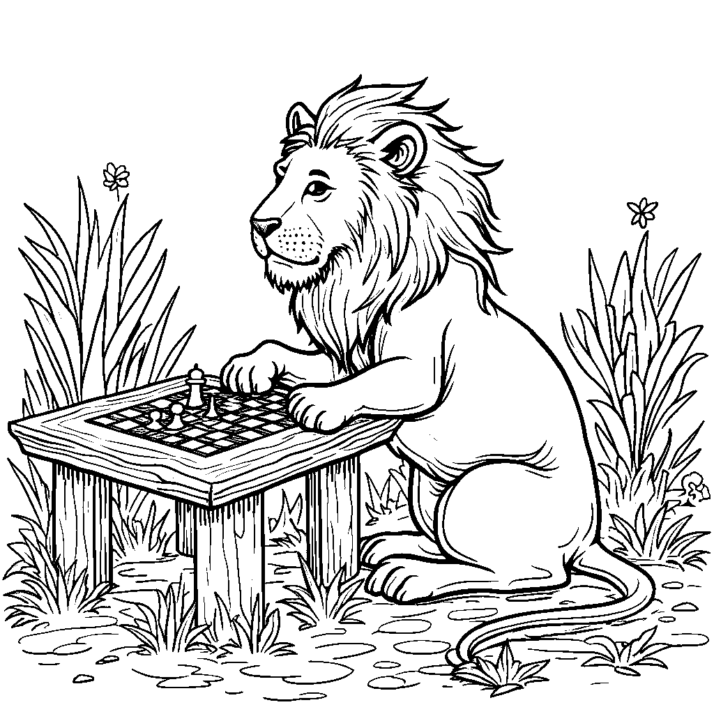 Lion playing a game of chess