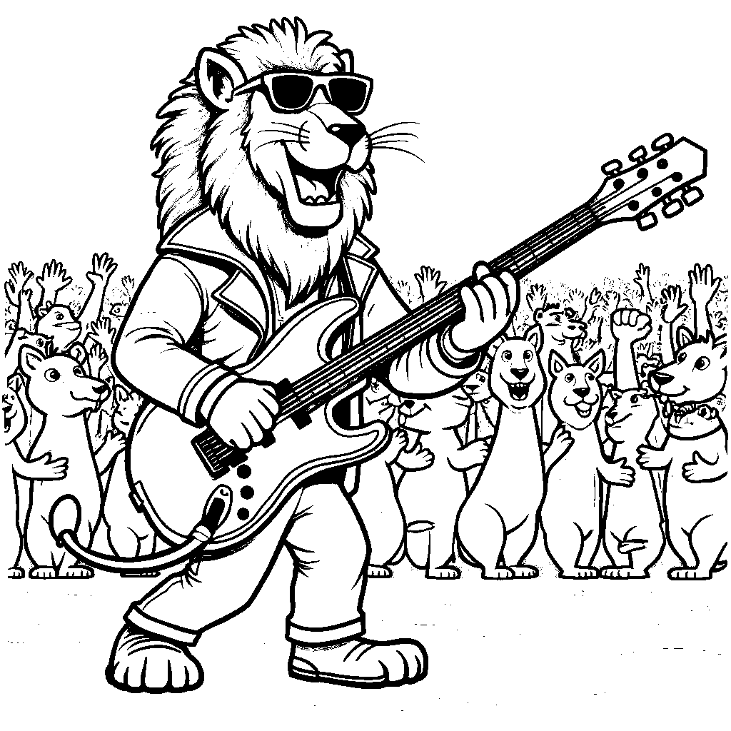 Lion playing a guitar in a rock band