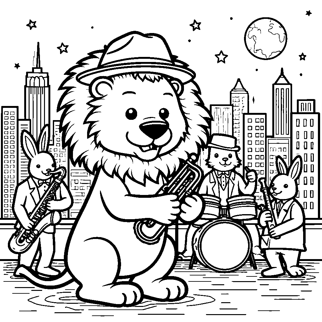 Lion playing a trumpet in a jazz band