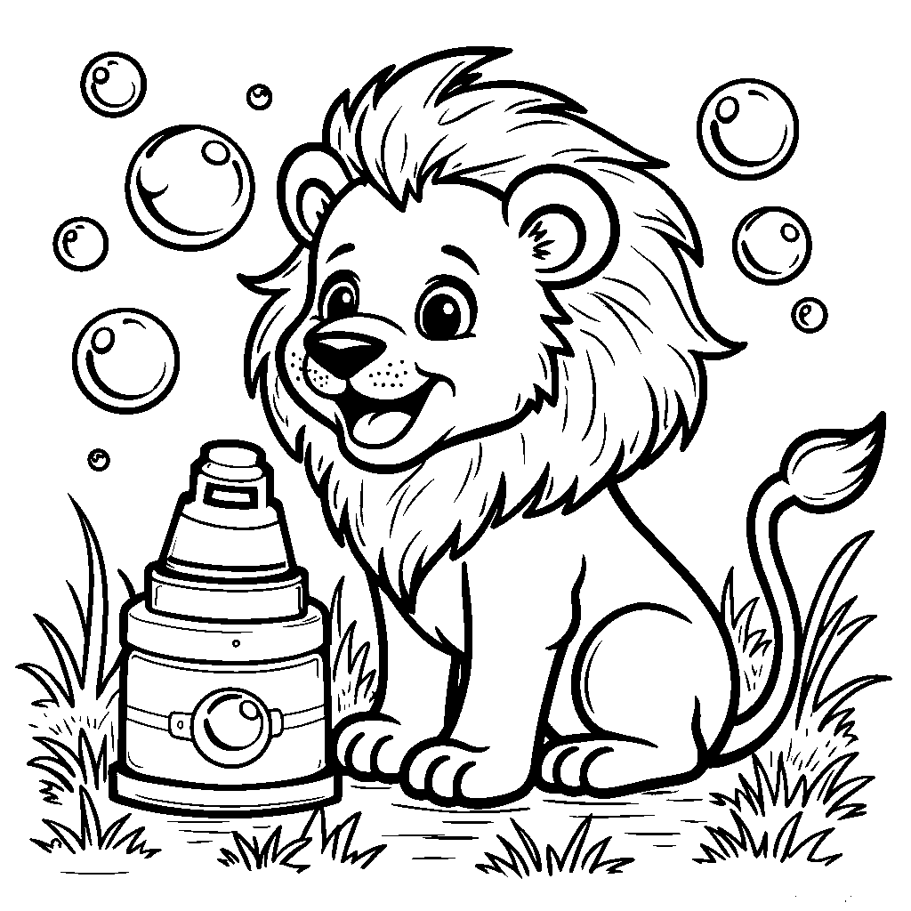 Lion playing with a bubble machine