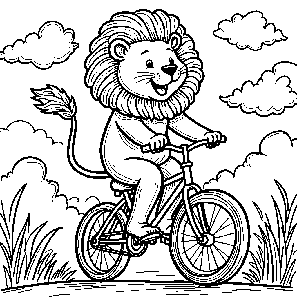 Lion riding a bicycle with streamers on the handlebars