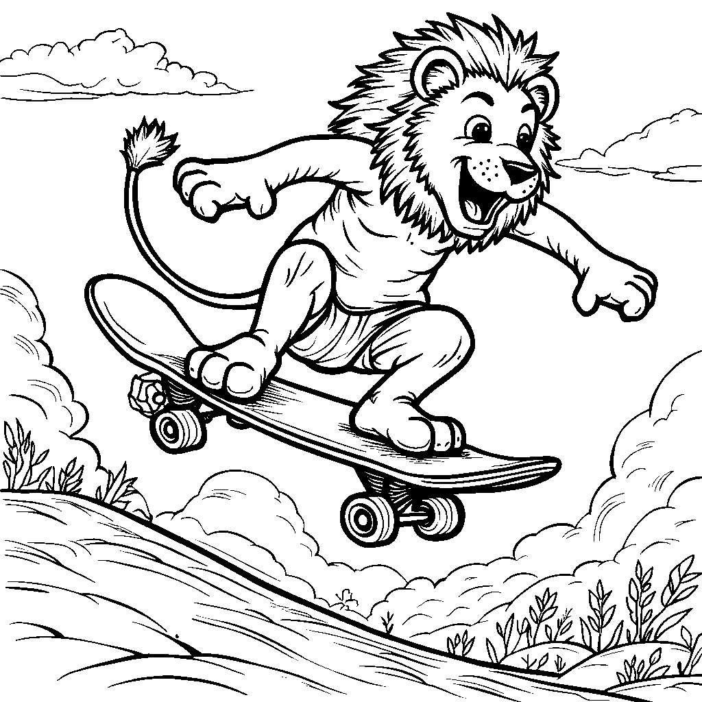 Lion riding a skateboard