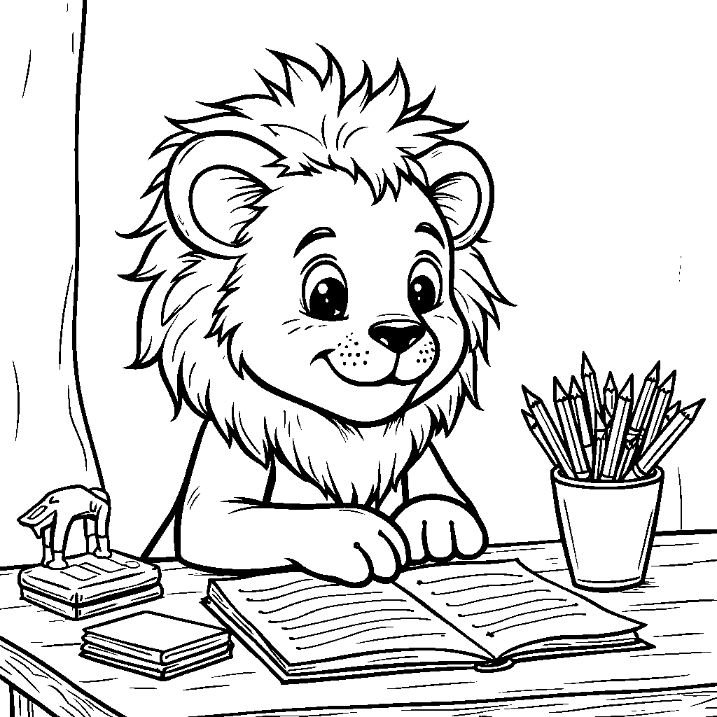 Lion sitting at a desk with a pencil and paper