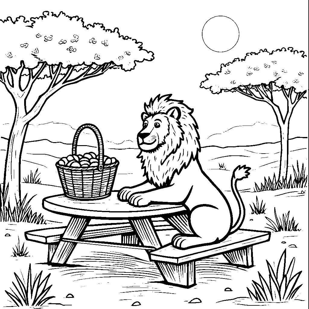 Lion sitting at a picnic table with a basket of food