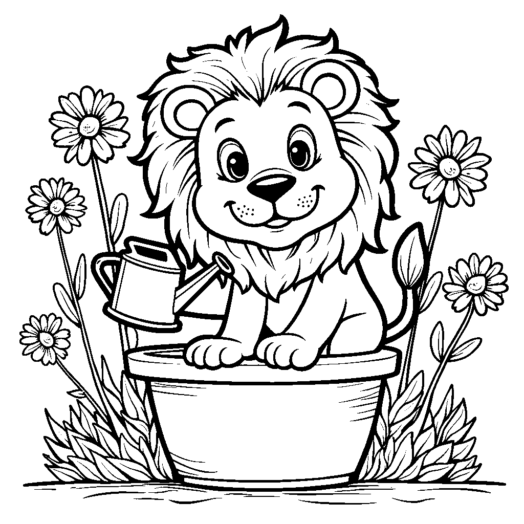 Lion sitting in a flower pot with a watering can