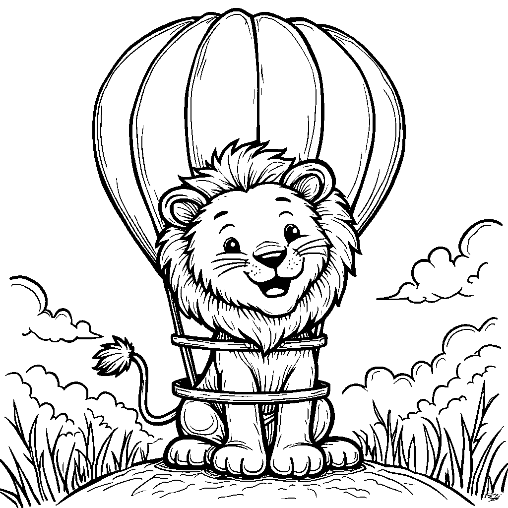 Lion sitting in a hot air balloon