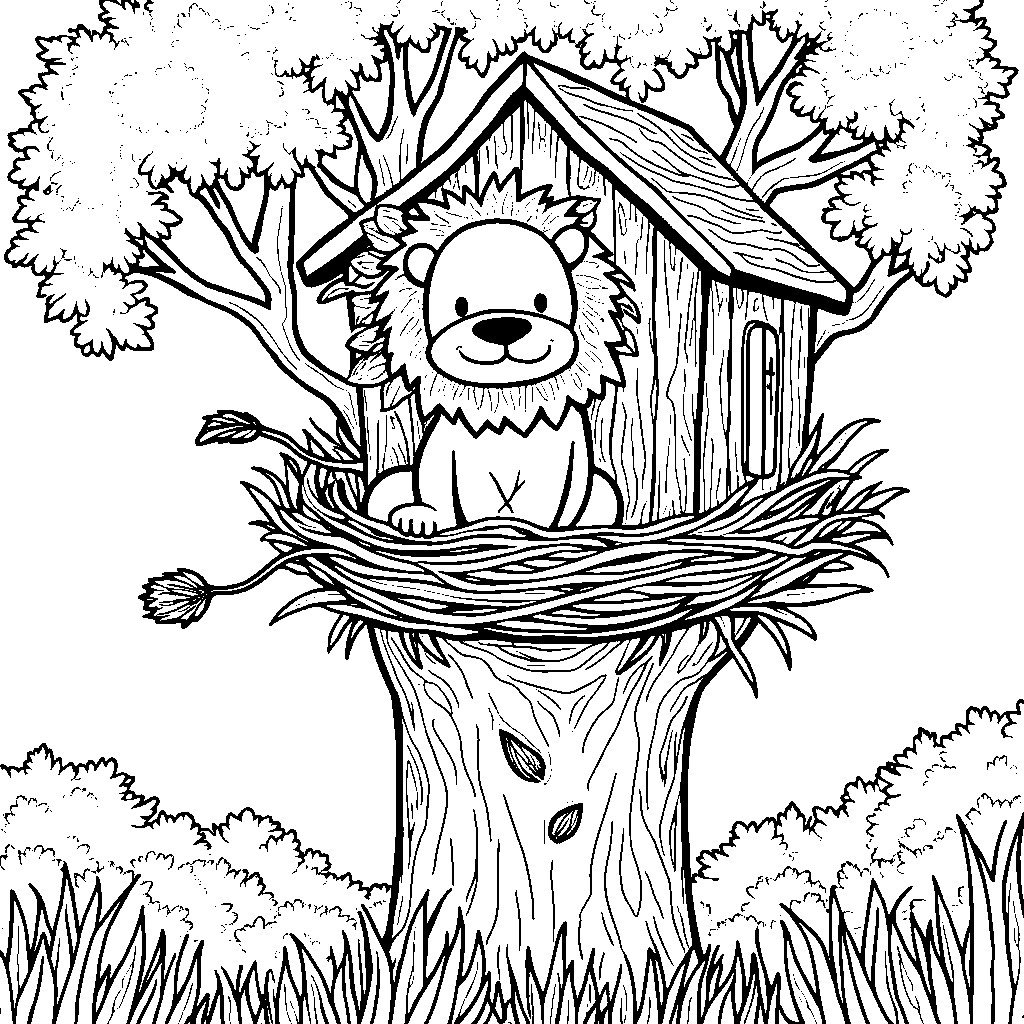 Lion sitting in a treehouse with a bird's nest