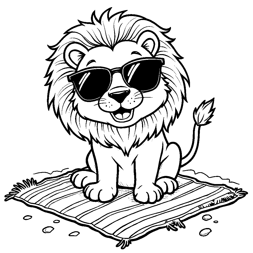 Lion sitting on a beach towel with sunglasses