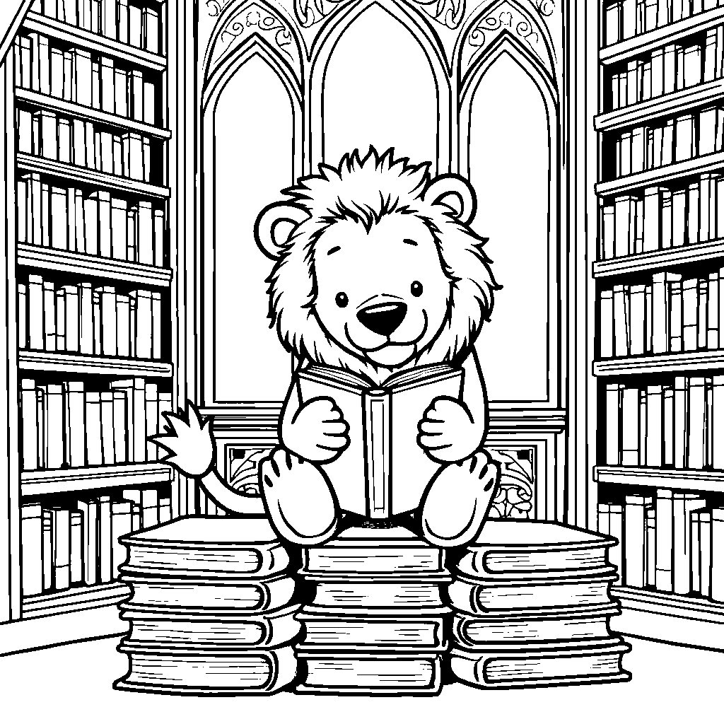 Lion sitting on a pile of books in a library