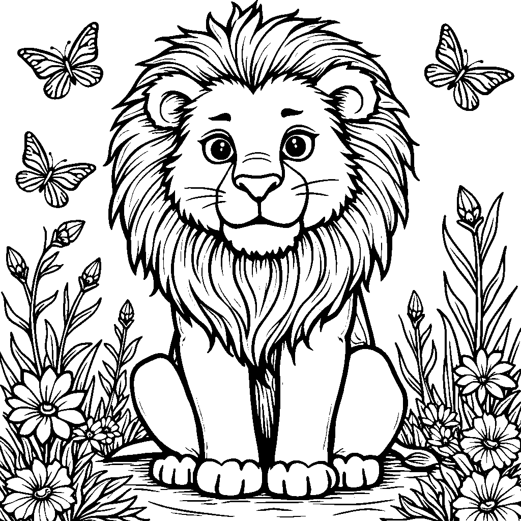 Lion surrounded by butterflies in a garden