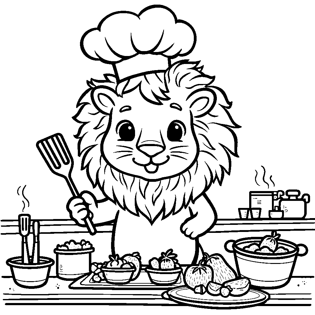 Lion wearing a chef's hat and holding a spatula