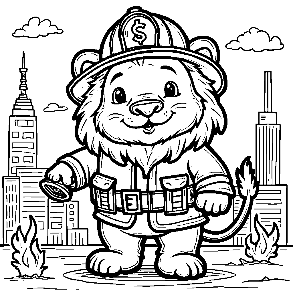 Lion wearing a fireman's helmet and holding a hose