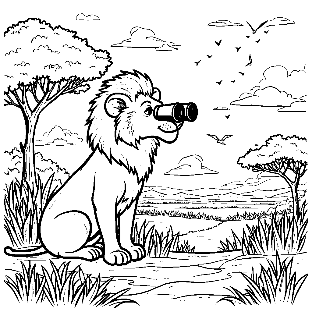 Lion wearing a pair of binoculars and looking at birds