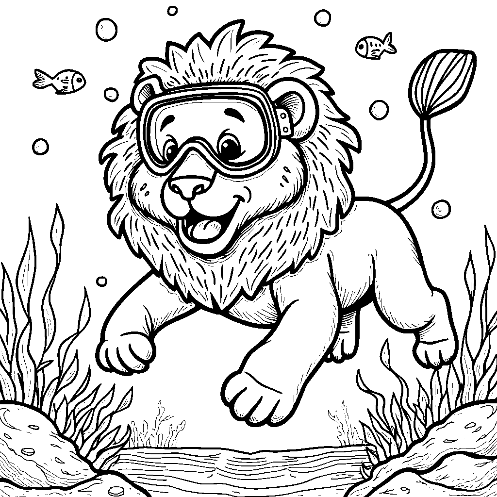 Lion wearing a pair of flippers and snorkeling gear