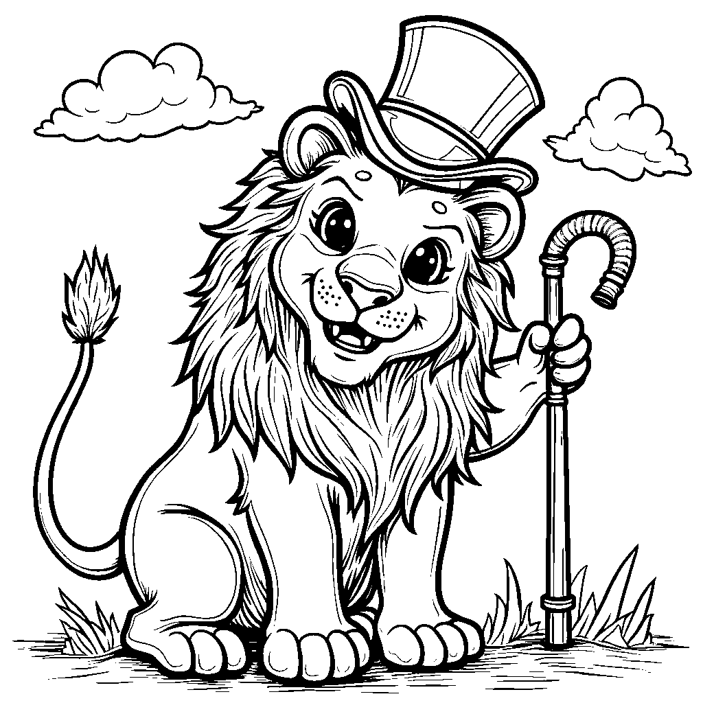 Lion wearing a top hat and holding a cane