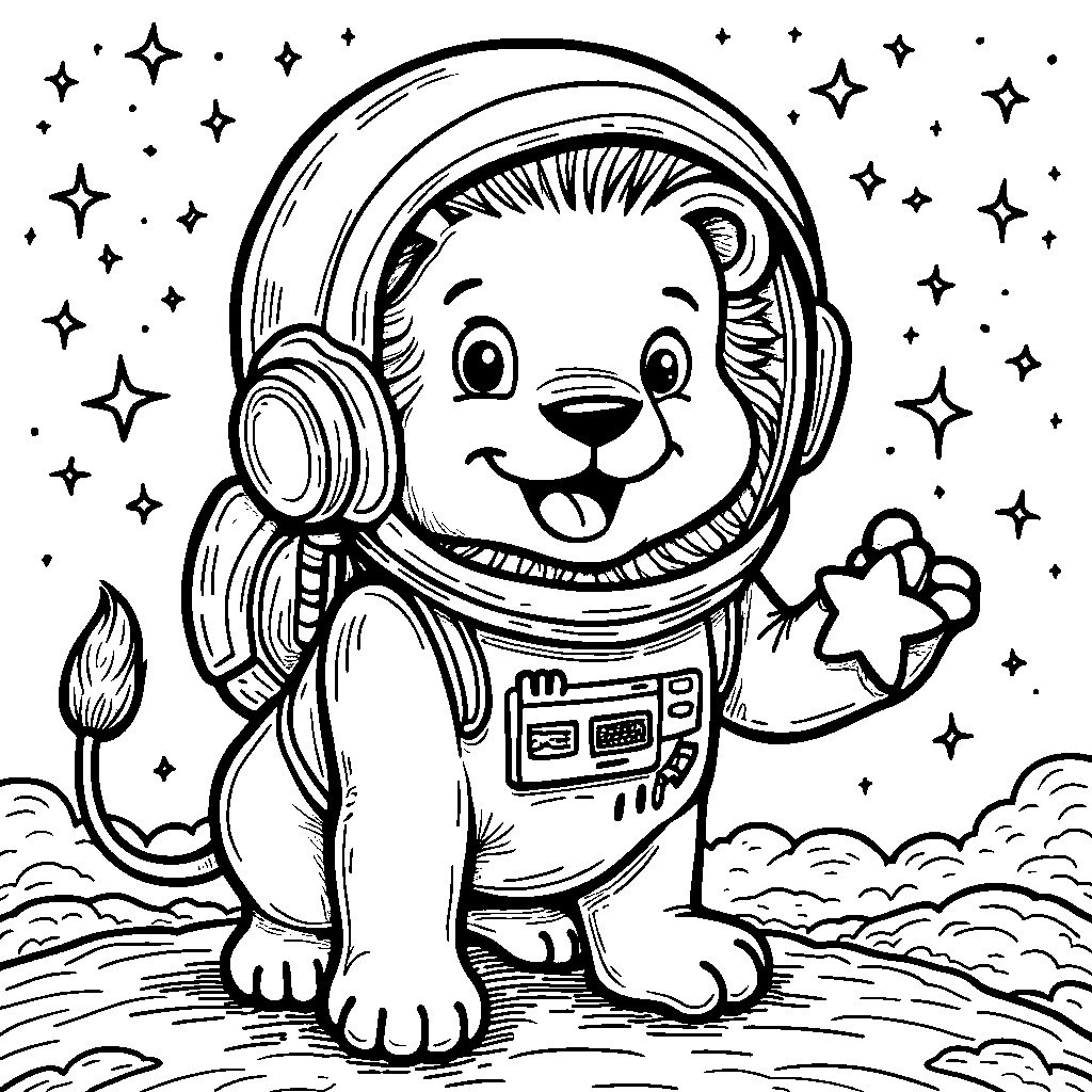 Lion wearing a astronaut helmet and holding a star