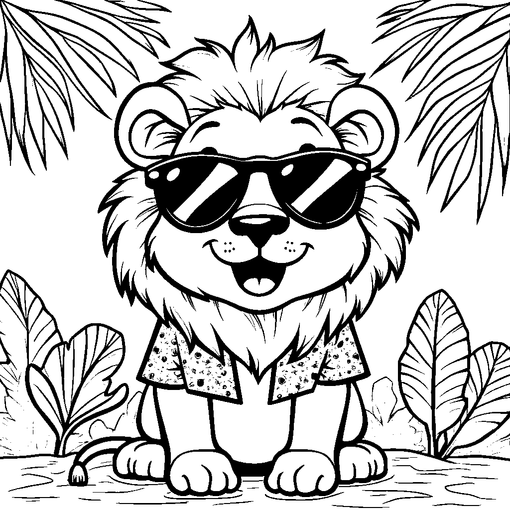 Lion wearing sunglasses and a Hawaiian shirt