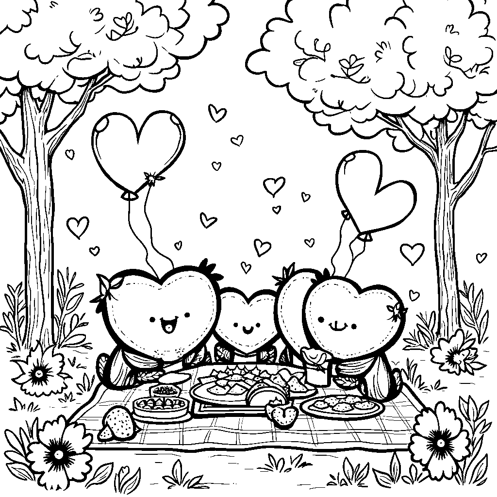 A family of hearts having a picnic