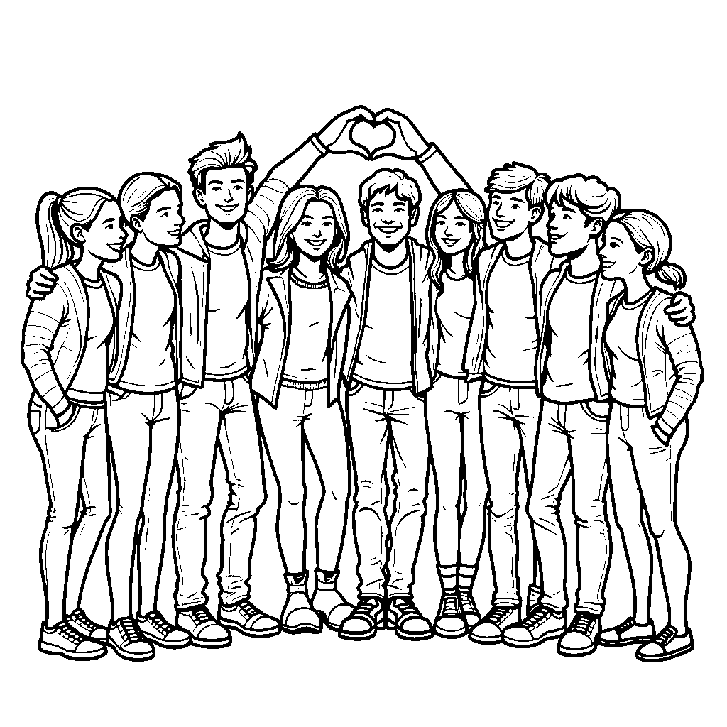 A group of friends forming a heart shape with their hands