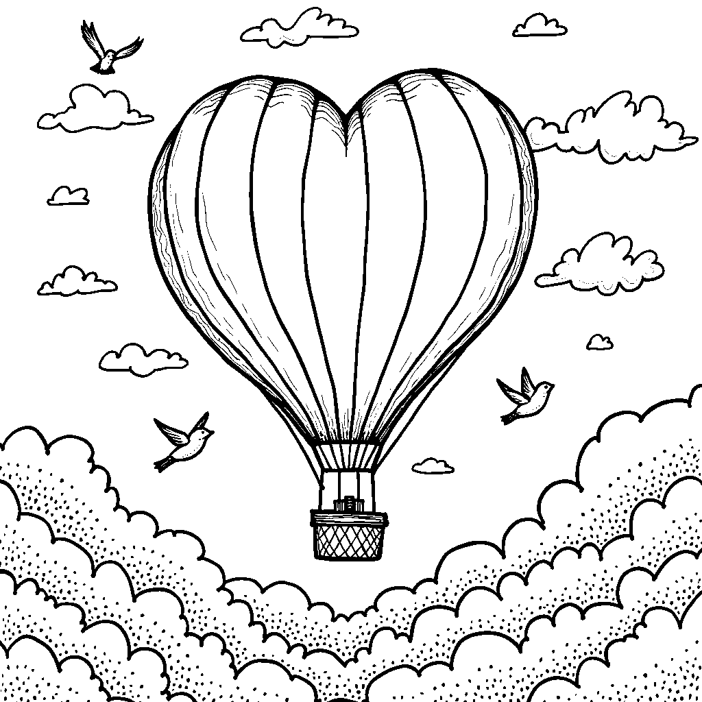 A heart-shaped hot air balloon soaring high