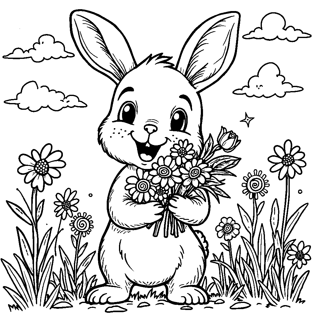 Bunny holding a spring bouquet