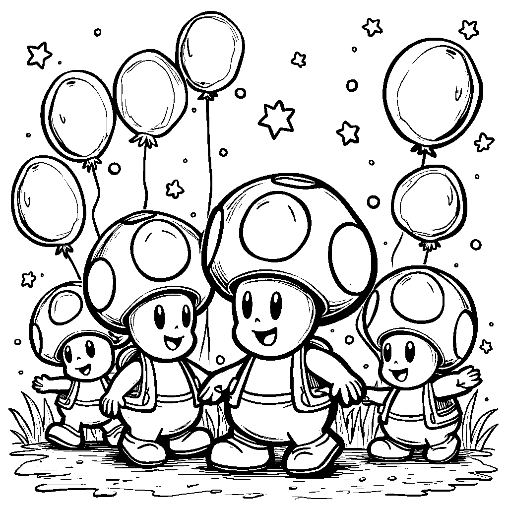 A group of Toads having a party in the Mushroom Kingdom