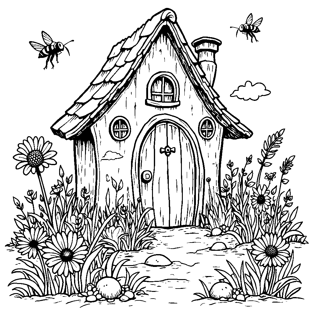 A Toad house with a bright yellow door and a garden