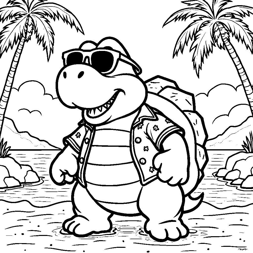 A Koopa Troopa wearing sunglasses and a Hawaiian shirt