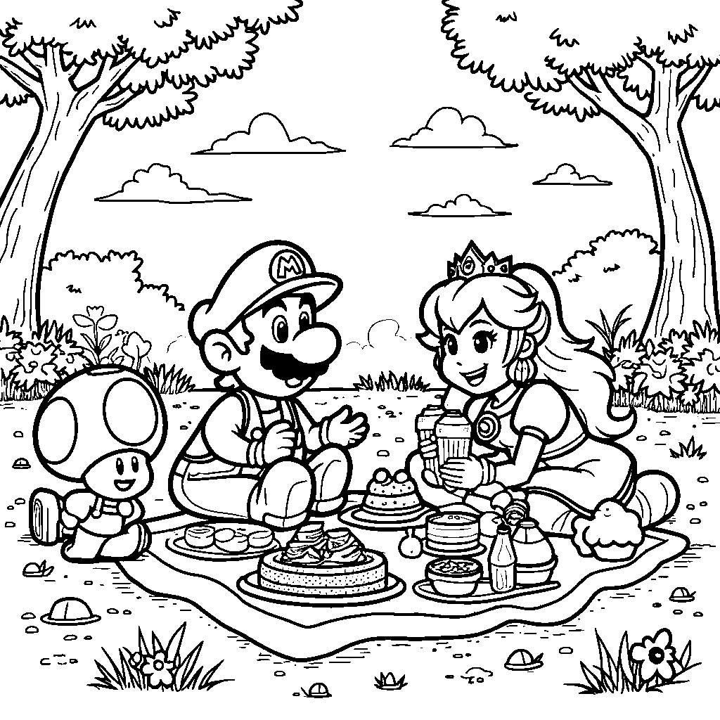 Mario and his friends having a picnic in the park