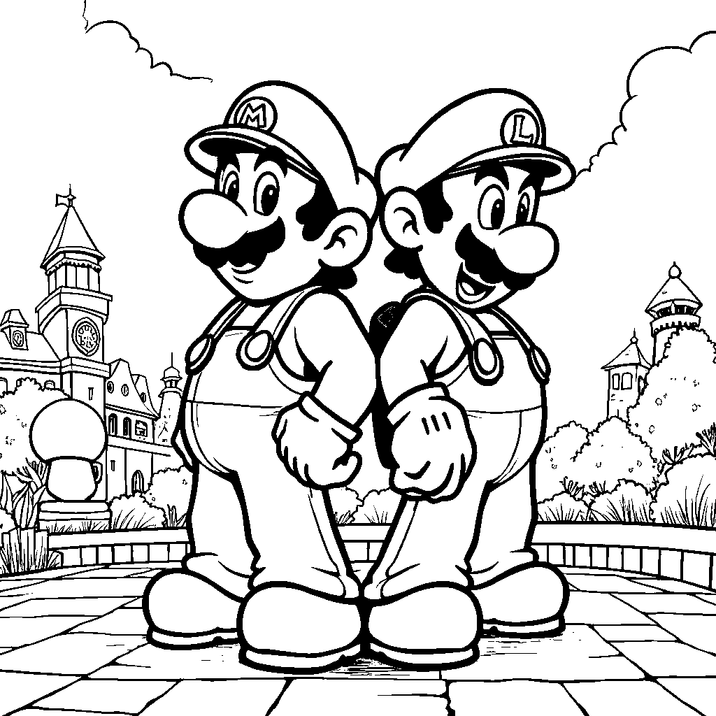 Mario and Luigi standing back-to-back, ready for battle