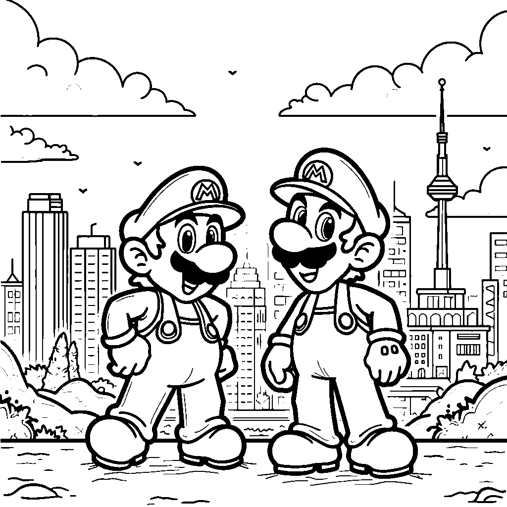 Mario and Luigi standing in front of a city skyline