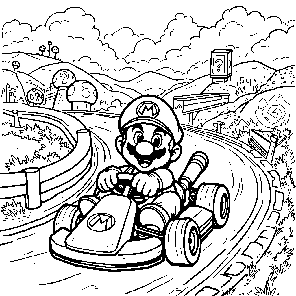 Mario driving a kart through a winding road