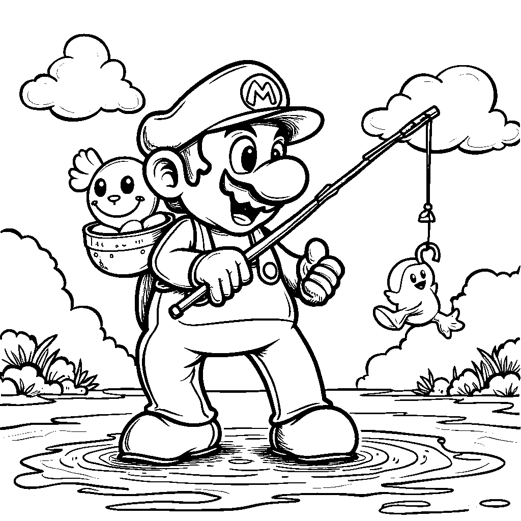 Mario holding a fishing rod and catching a Cheep Cheep