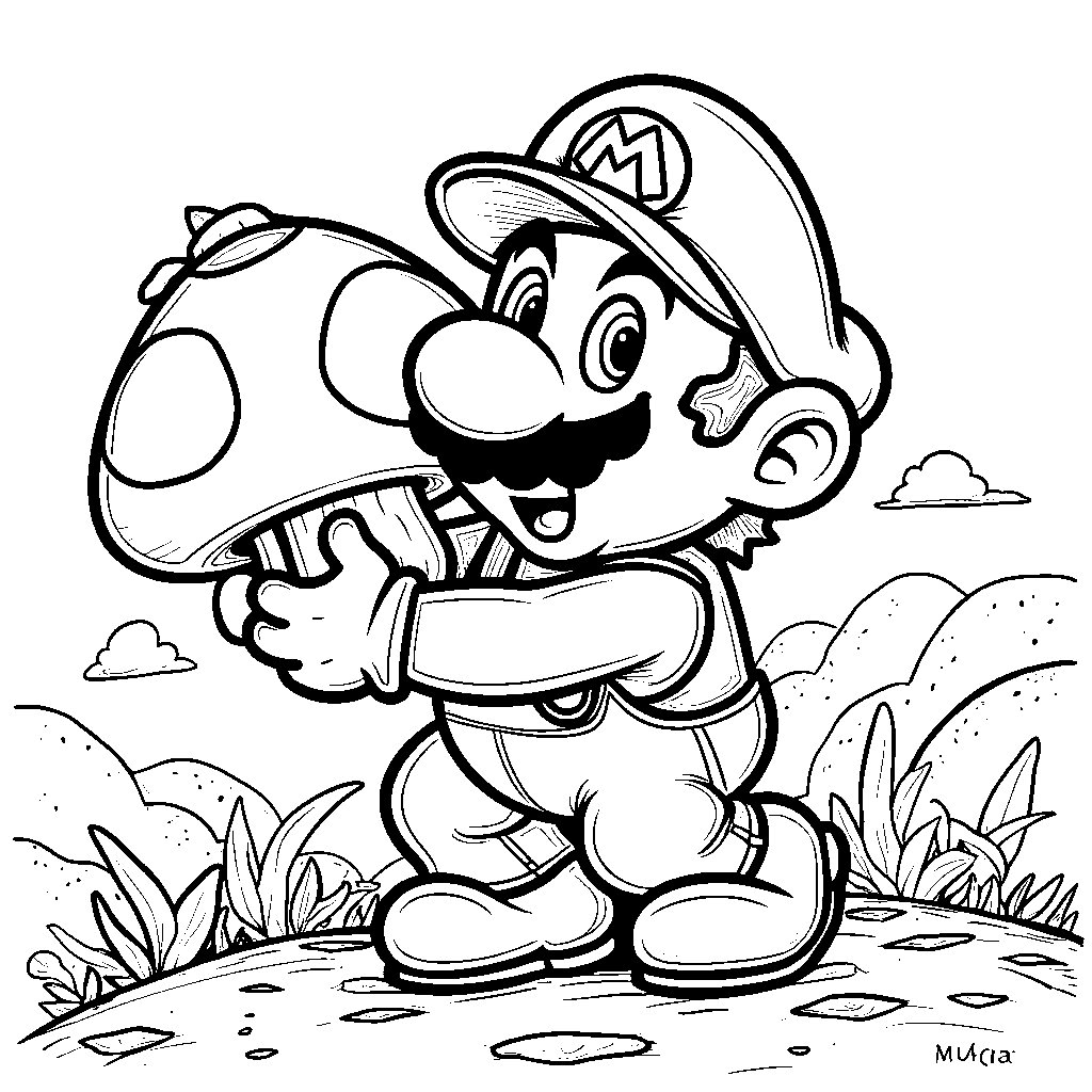 Mario holding a mushroom that's as big as he is