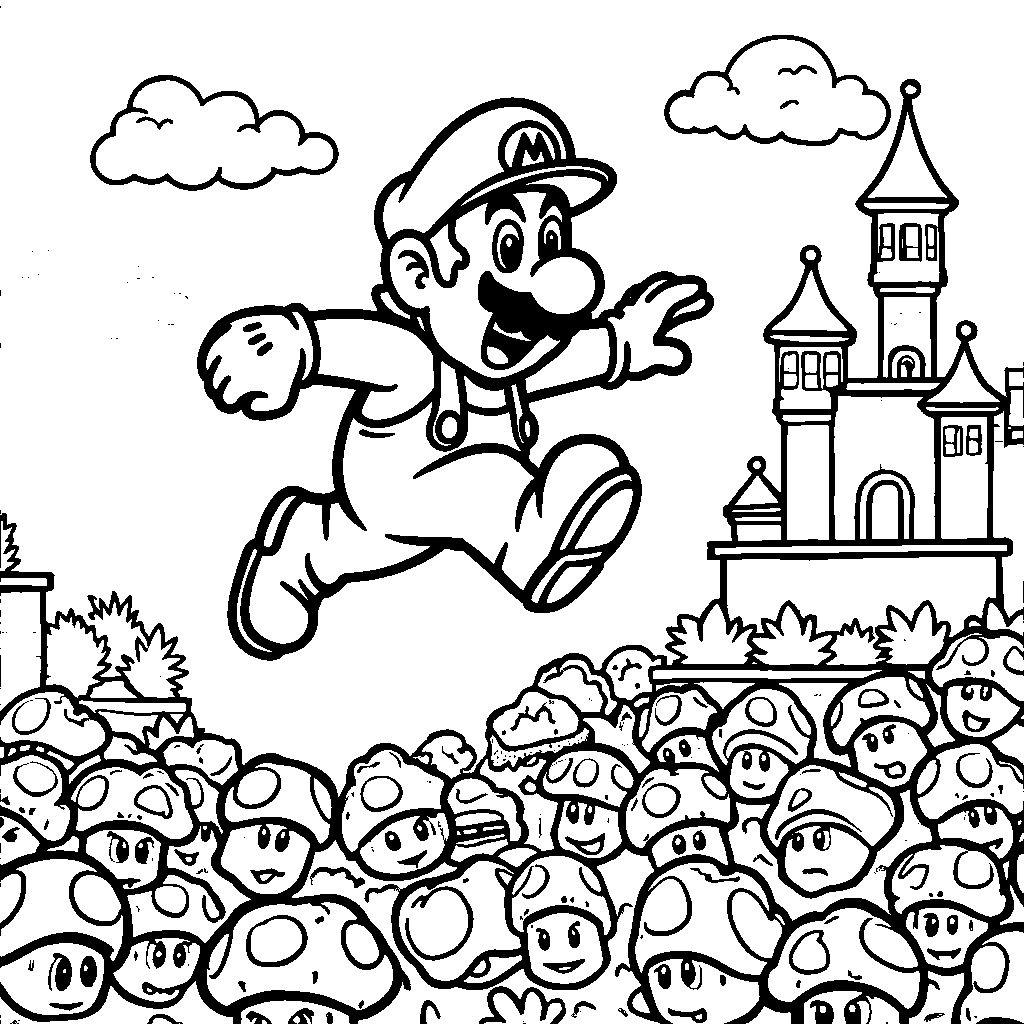 Mario jumping over a pit of Goombas