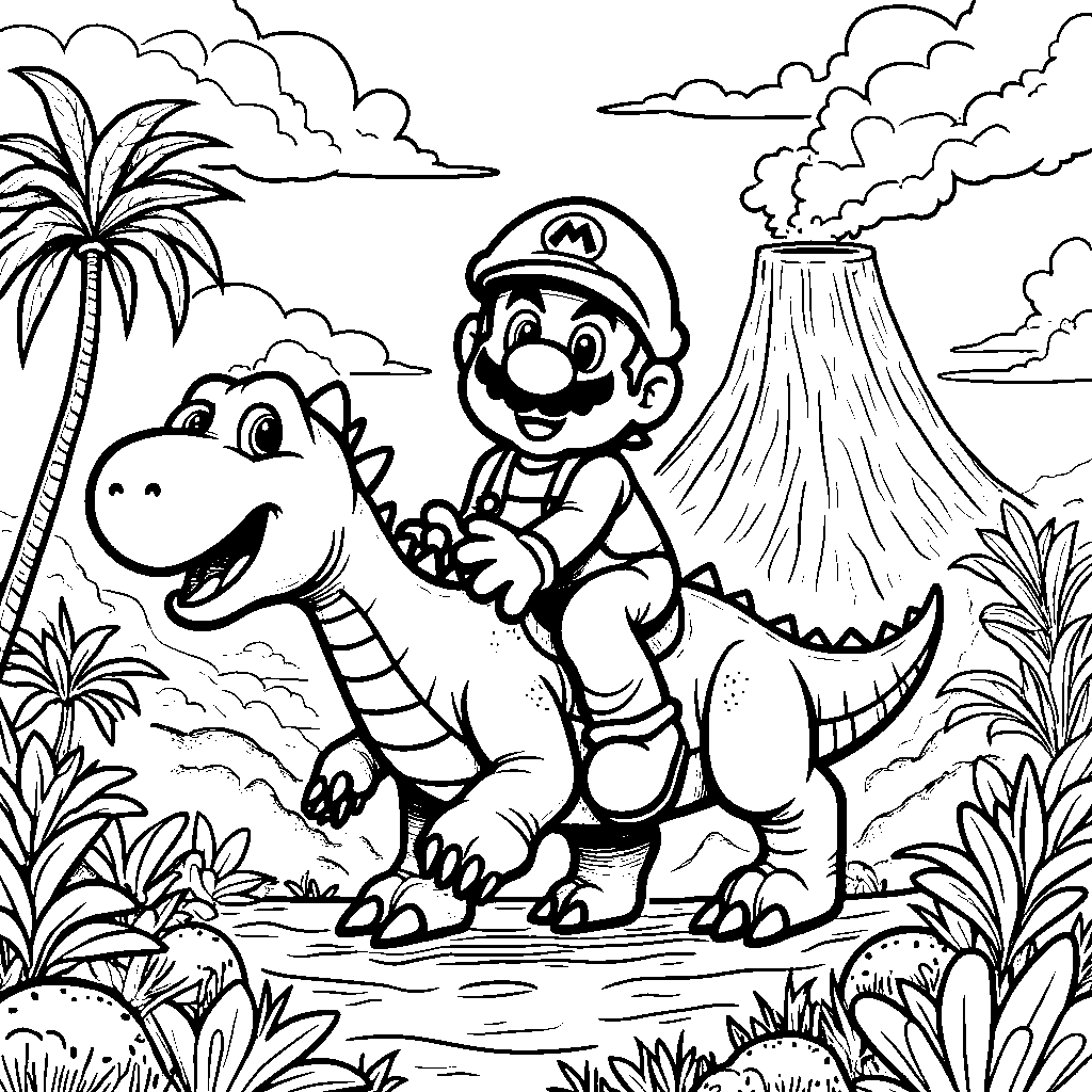 Mario riding a dinosaur through a prehistoric landscape