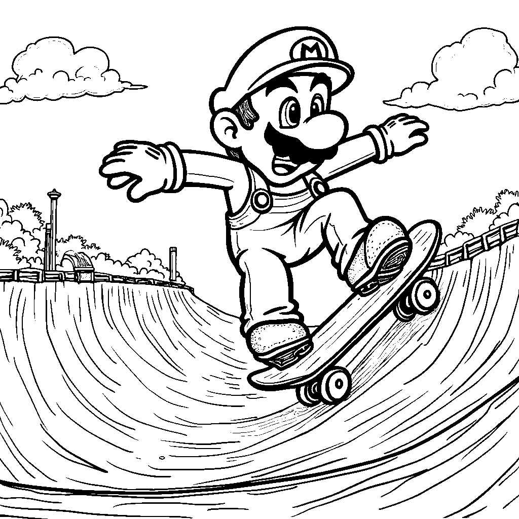 Mario riding a skateboard through a halfpipe