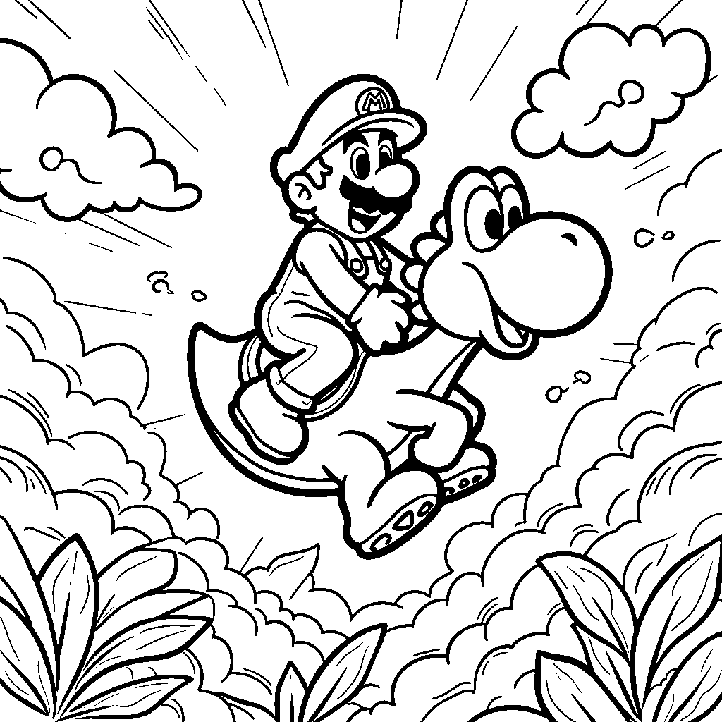 Mario riding a Yoshi through a rainbow-colored sky