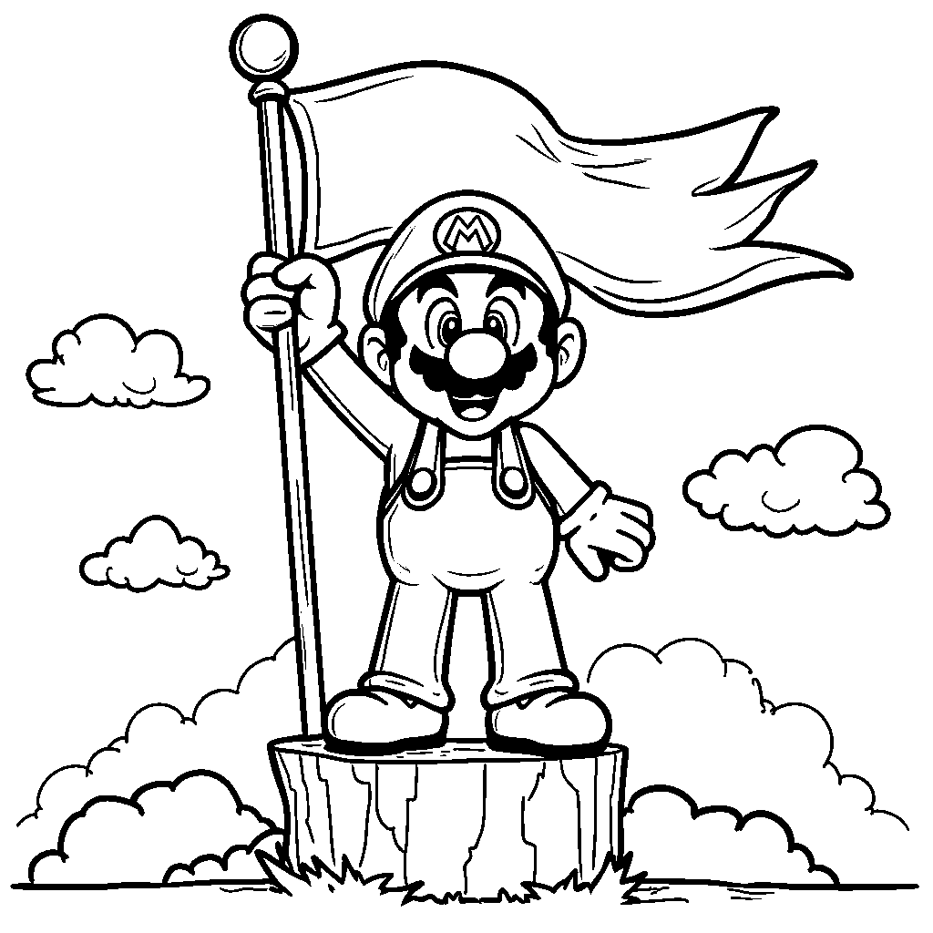 Mario standing on top of a flagpole, waving a flag