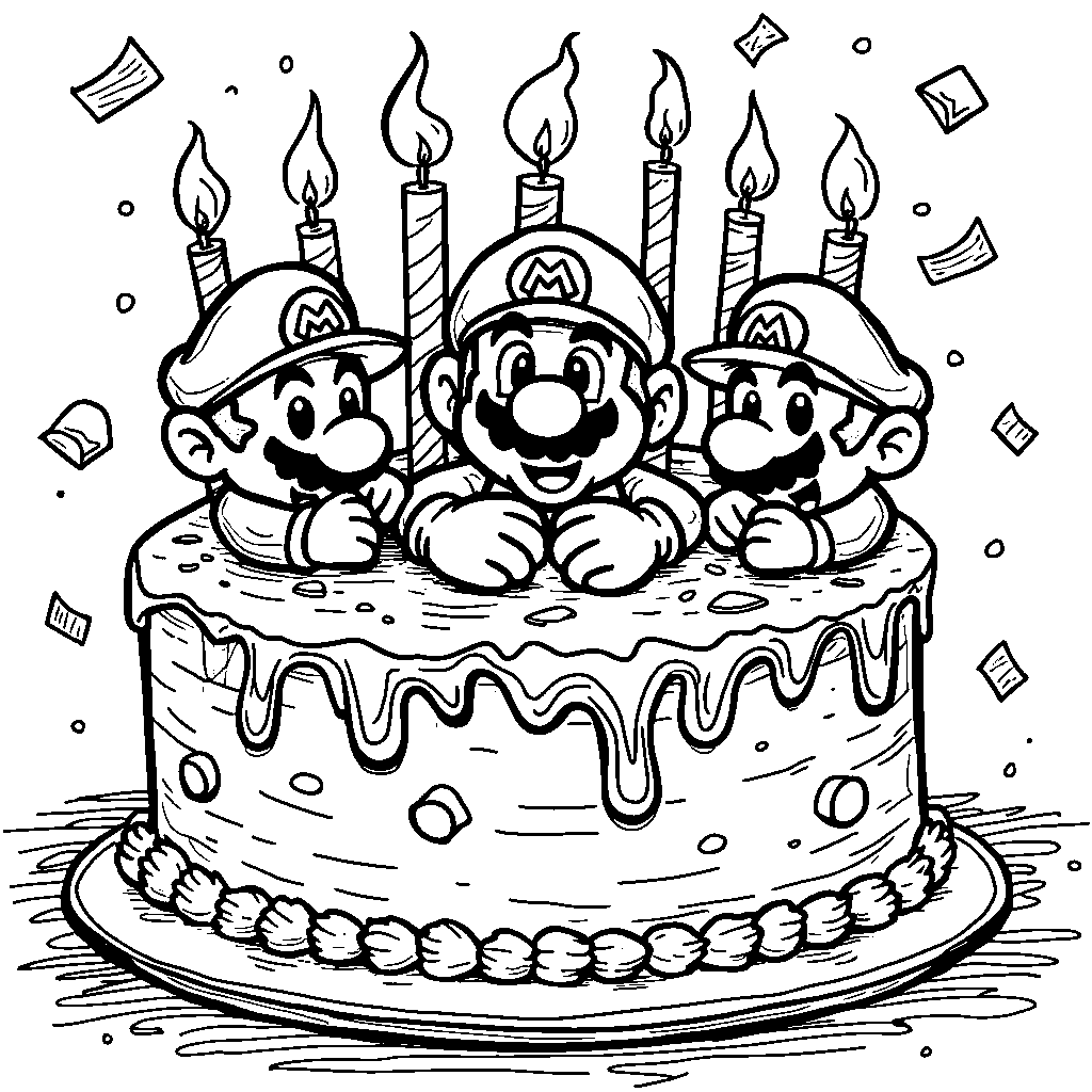 A Mario-themed birthday cake with candles and confetti