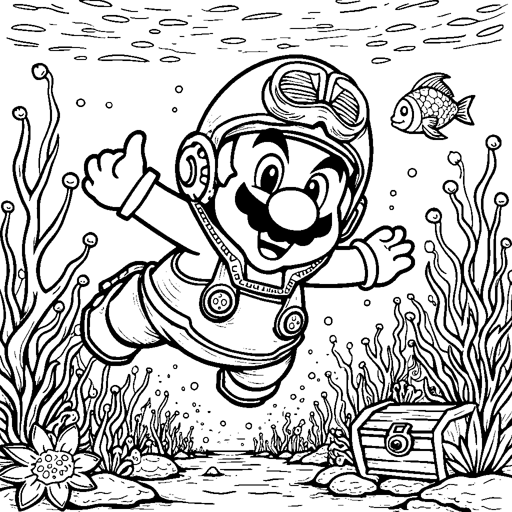 Mario wearing a diving helmet and swimming underwater