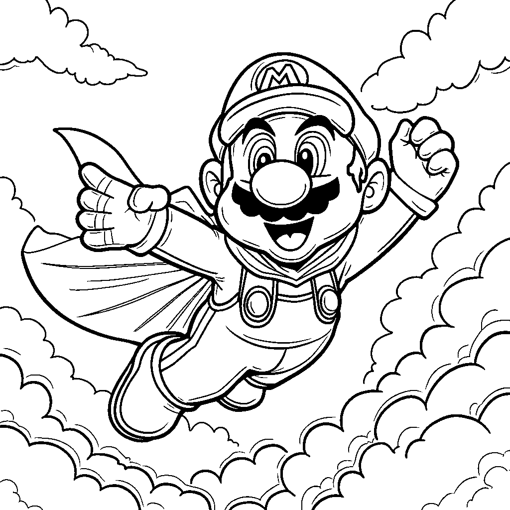 Mario wearing a superhero cape and flying through the air